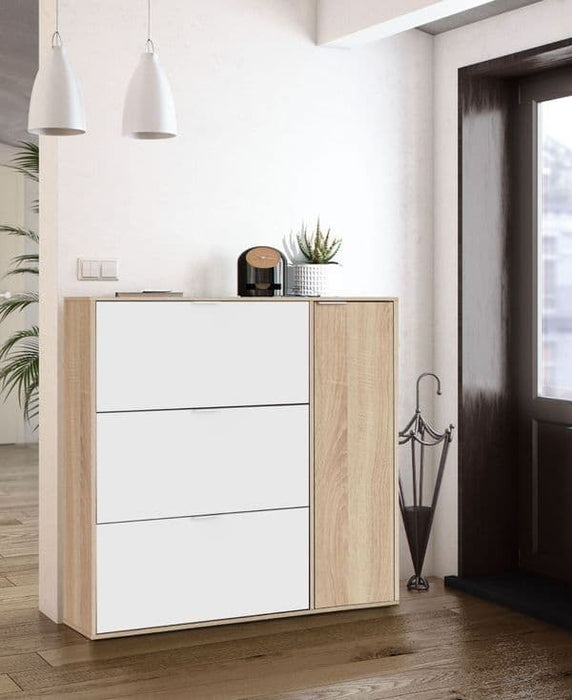 Oak Effect & White Shoe Cabinet with 4-Doors