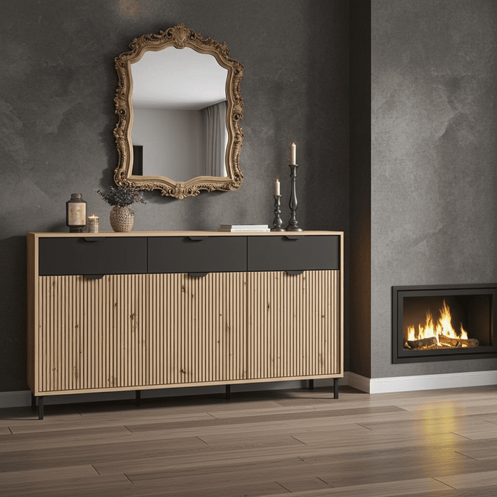 Artisan Oak Effect Slatted & Black 3-Door Sideboard