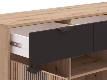 Amos Mann Artisan Oak Effect Slatted And Black 3 Door Sideboard