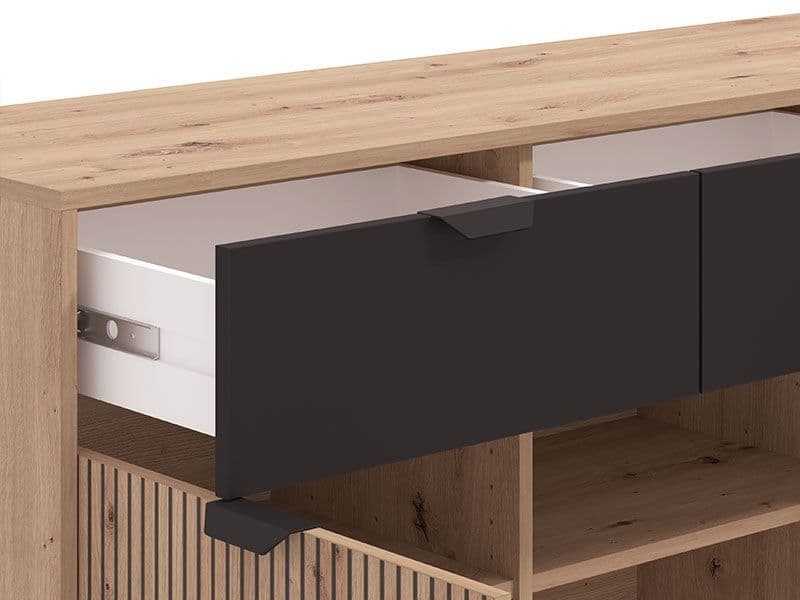 Artisan Oak Effect Slatted & Black 3-Door Sideboard