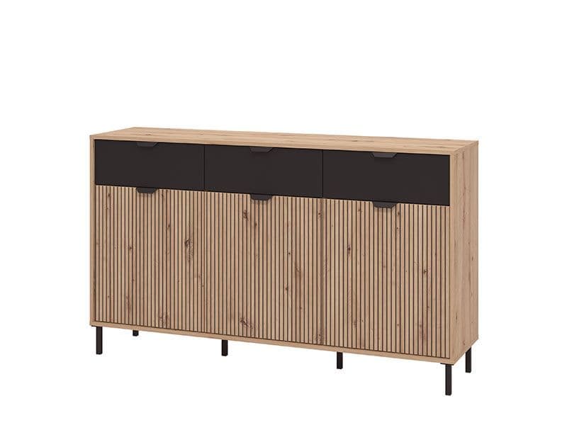 Artisan Oak Effect Slatted & Black 3-Door Sideboard