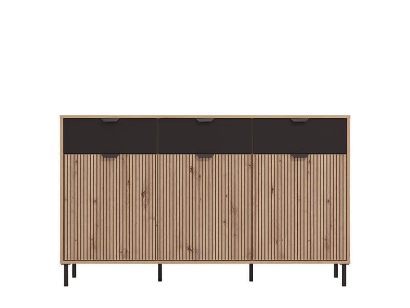 Artisan Oak Effect Slatted & Black 3-Door Sideboard