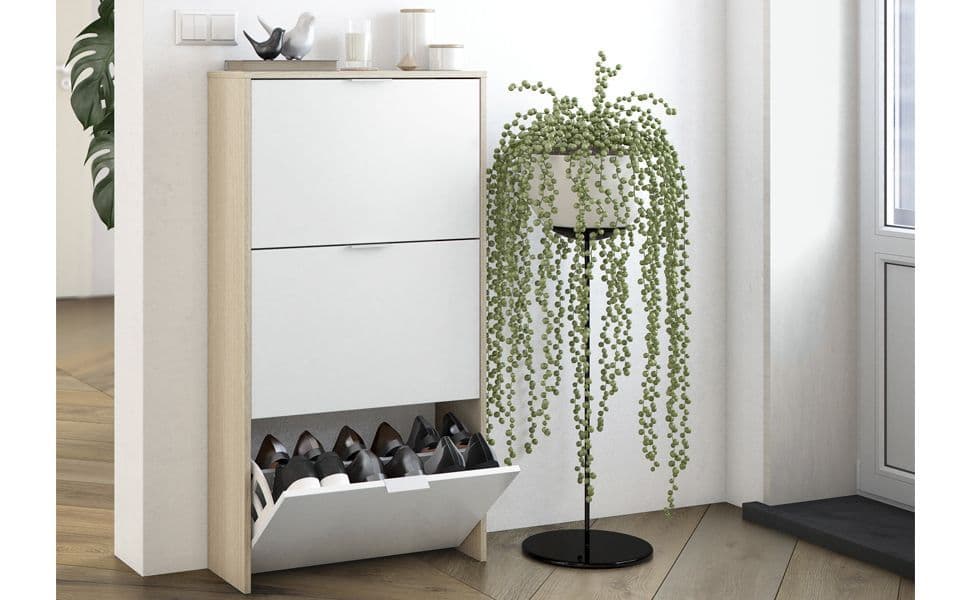 White & Oak Effect Shoe Cabinet