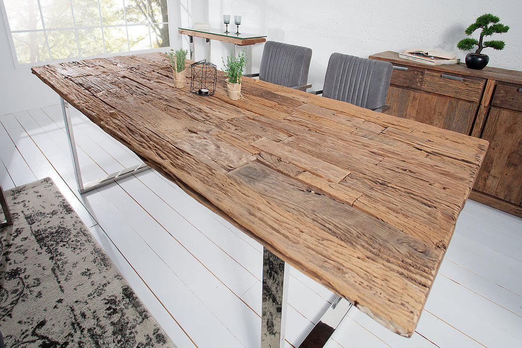 Dining Table Barracuda 180cm Recycled Teak Wood Brown With Glass Top