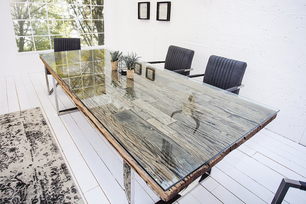 Dining Table Barracuda 180cm Recycled Teak Wood Brown With Glass Top