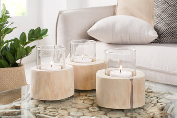 Set Of Three Candle Holders Limotion 14cm Teak Wood Natural