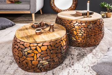 Set Of Two Round Nesting Coffee Tables 53cm/65cm Stone Mosaic Metal Copper