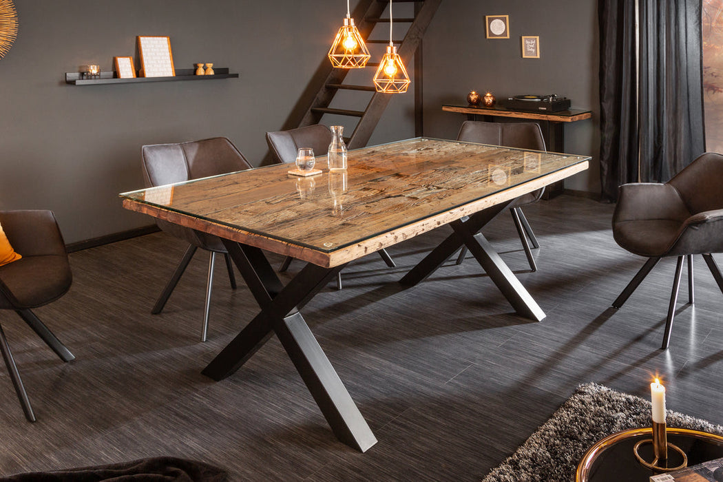 Dining Table Barracuda 180cm Recycled Teak Wood Brown X-Frame With Glass Top