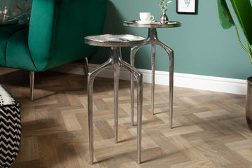 Set Of Two Round Side Tables Abstract 54cm/59cm Metal Silver