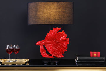 Table Lamp Crowntail 64cm Red Black Fabric Shade Marble Base