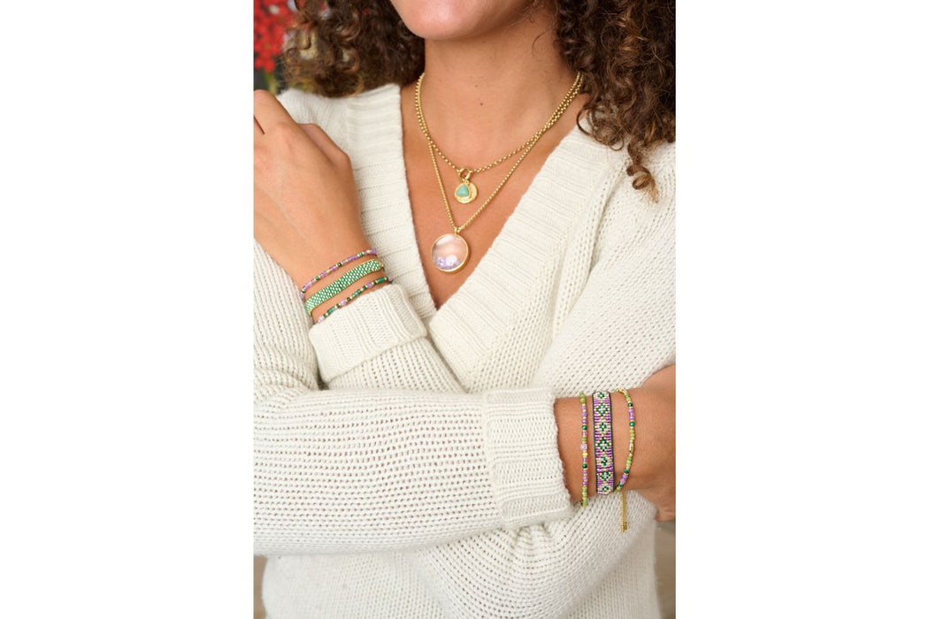 Meli Gold, Green & Purple Stretch Bead Bracelet