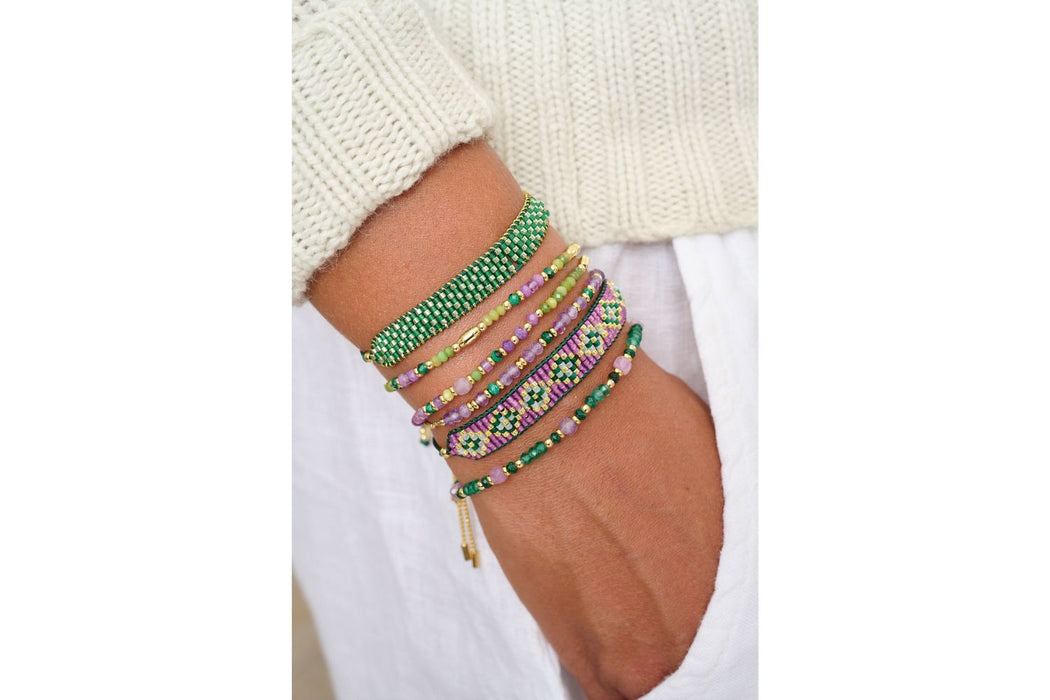 Meli Gold, Green & Purple Stretch Bead Bracelet