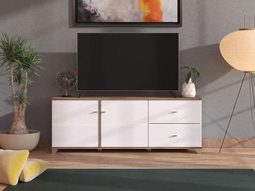 Amos Mann White Gloss And Warm Oak TV Unit Cabinet