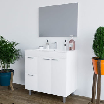 Amos Mann White Gloss 2 Door 2 Drawer Bathroom Vanity Cabinet with Sink And Mirror