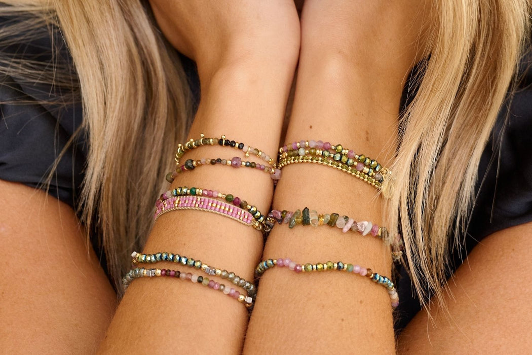 Olive Tourmaline & Gold PVD Stretch Bead Bracelet