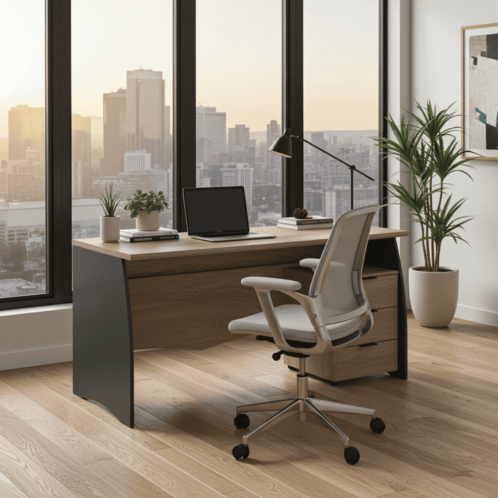 Oak and Grey Large Desk With Drawers