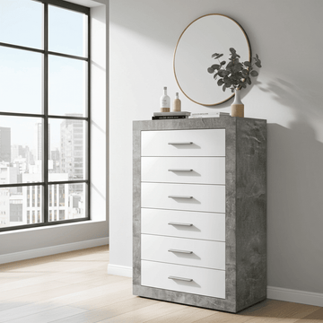 Amos Mann Tallboy Chest of Drawers Grey and White Gloss 6 DRW