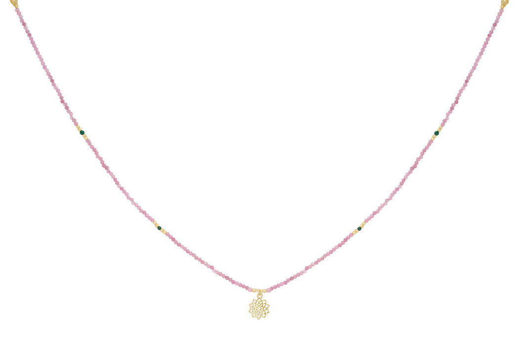 Pink Tourmaline & Malachite Gold Heart Chakra Necklace