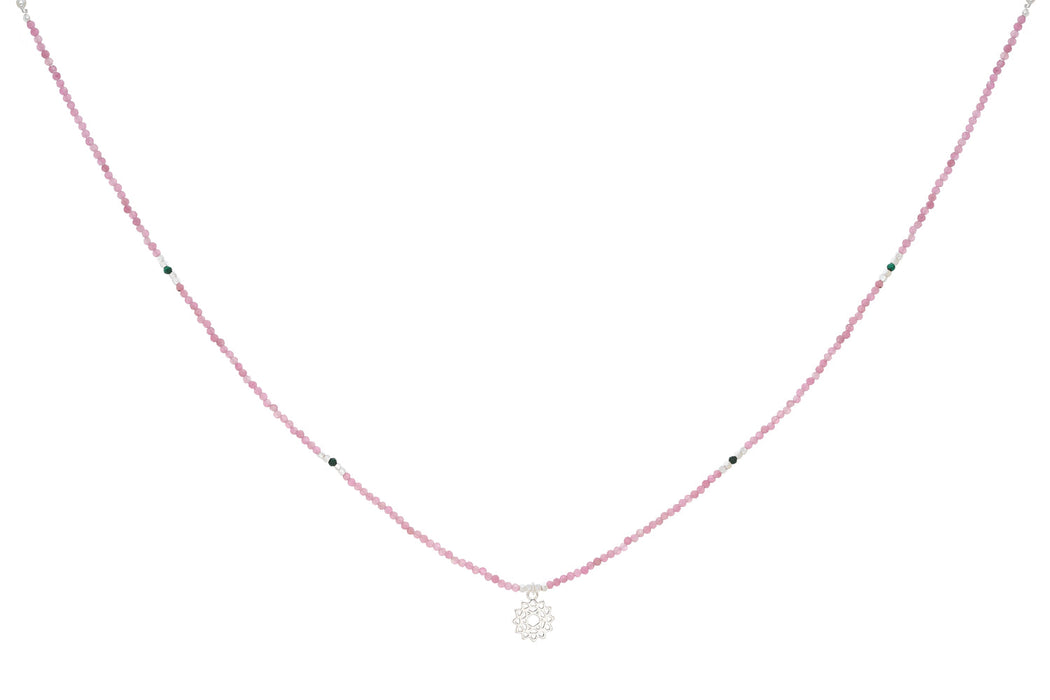 Pink Tourmaline & Malachite Silver Heart Chakra Necklace