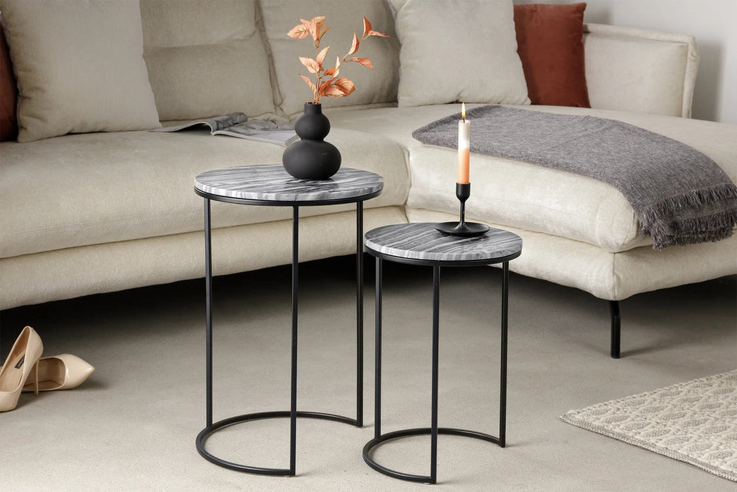 Set Of Two Round Side Tables Elements 45cm/55cm Marble Grey