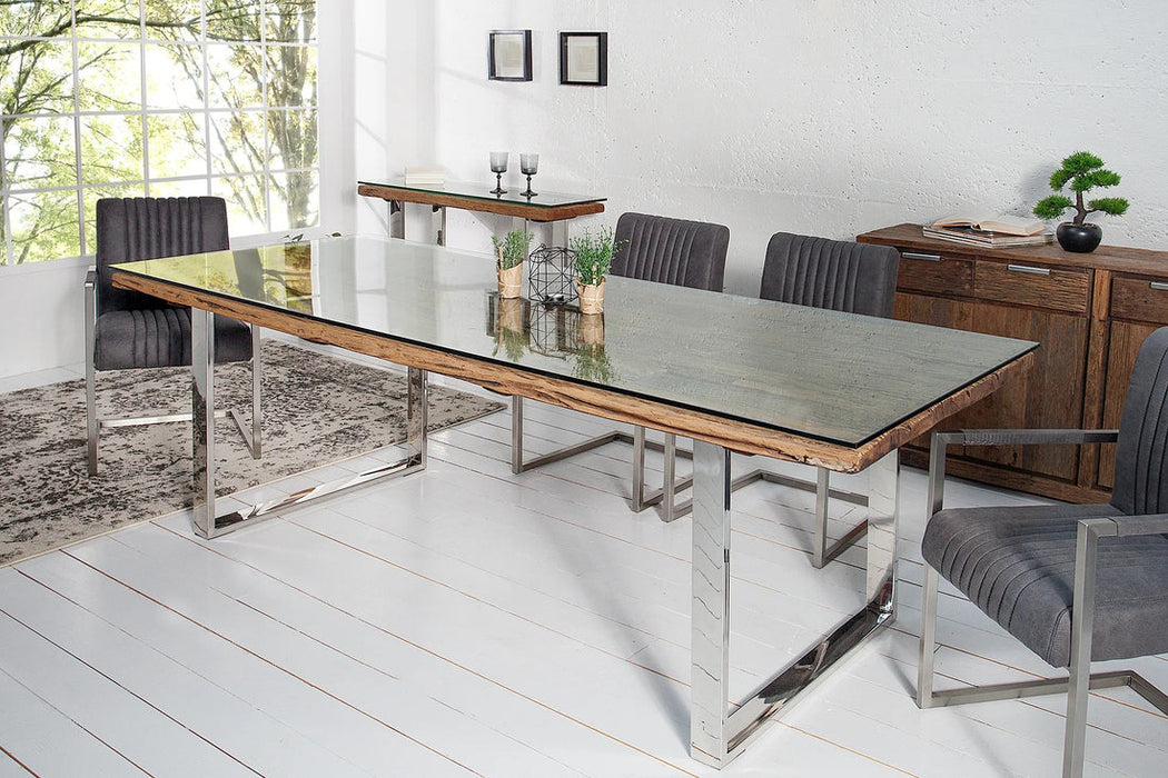 Dining Table Barracuda 180cm Recycled Teak Wood Brown With Glass Top