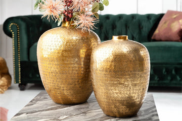 Set Of Two Vases Oriental 27cm/33cm Metal Gold