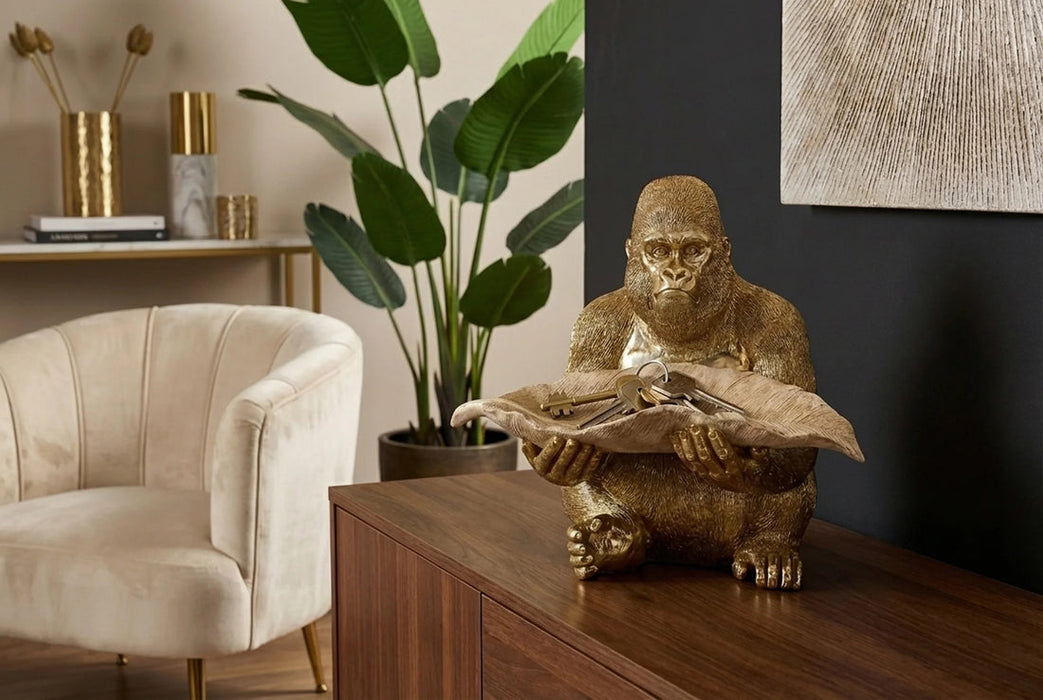 Decoration Figurine Gorilla 38cm Polyresin Gold With Tray