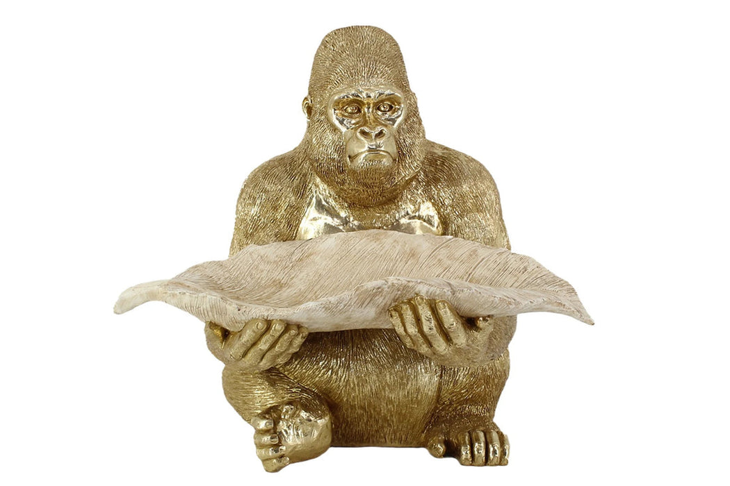 Decoration Figurine Gorilla 38cm Polyresin Gold With Tray