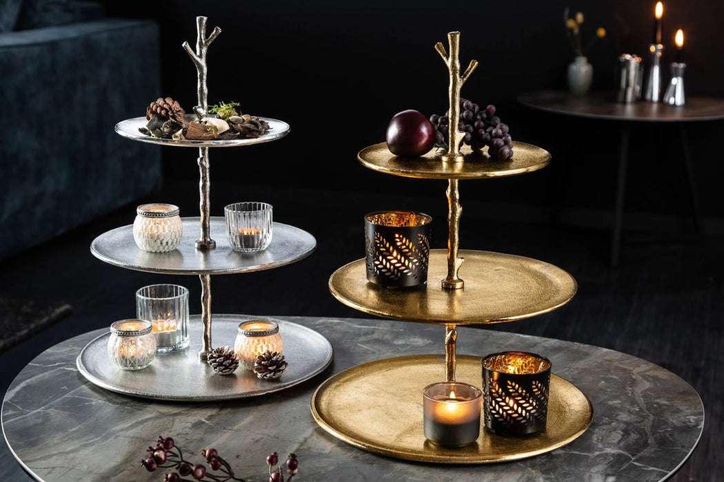 Three Tier Cake Stand Abstract 48cm Metal Silver