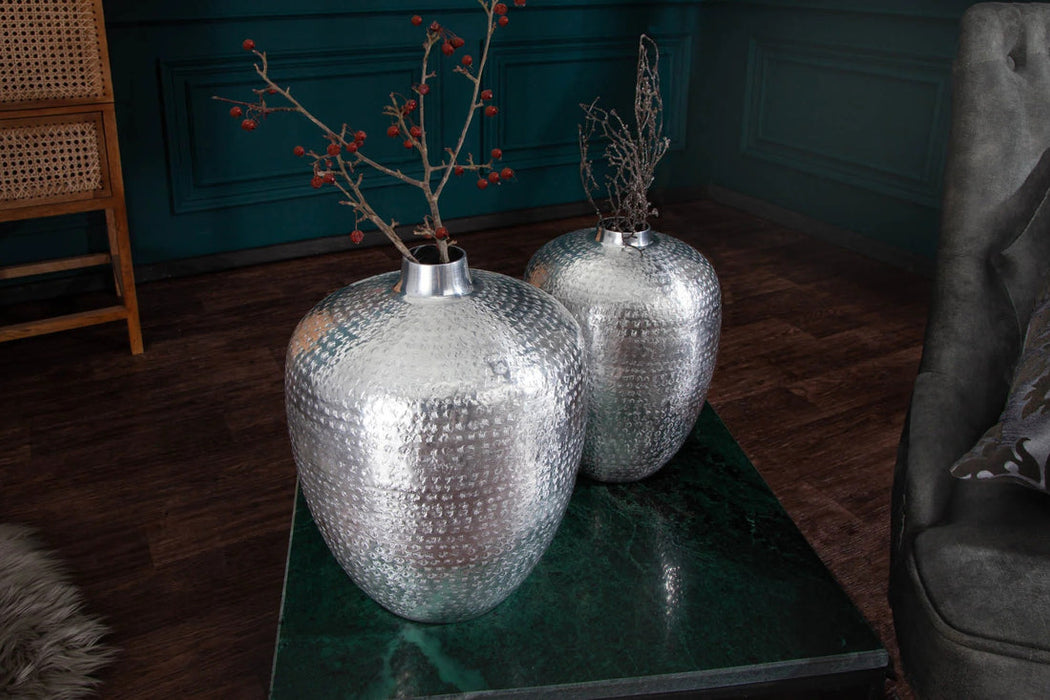 Set Of Two Vases Oriental 27cm/33cm Metal Silver