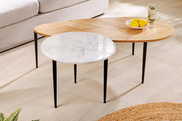 Set Of Two Coffee Tables Adlon 50cm/110cm Acacia Wood Natural Marble White