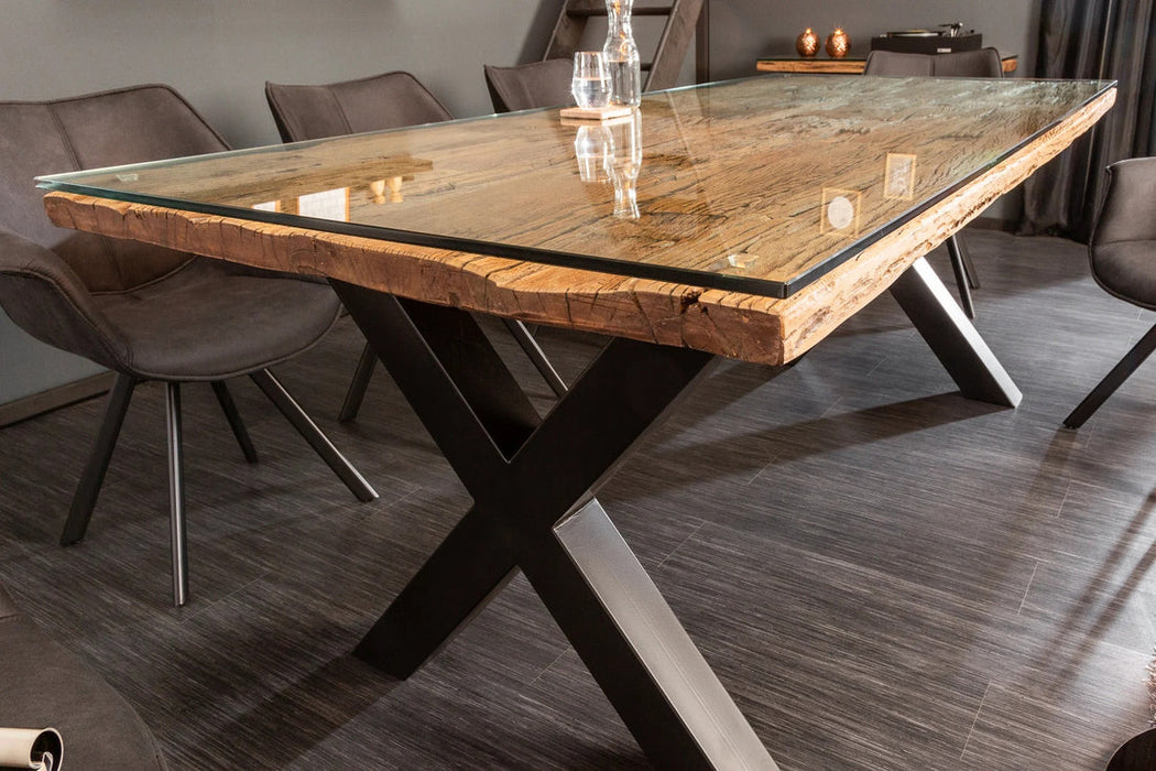 Dining Table Barracuda 220cm Recycled Teak Wood Brown X-Frame With Glass Top