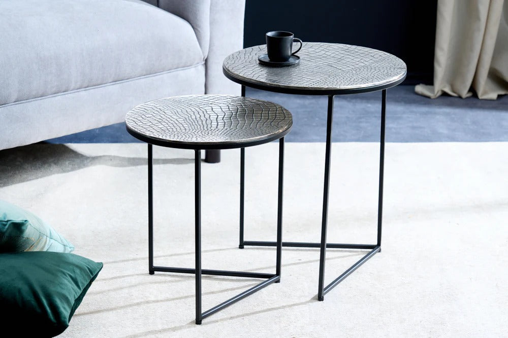Set Of Two Round Nesting Coffee Tables Croco 35cm/40cm Metal Silver