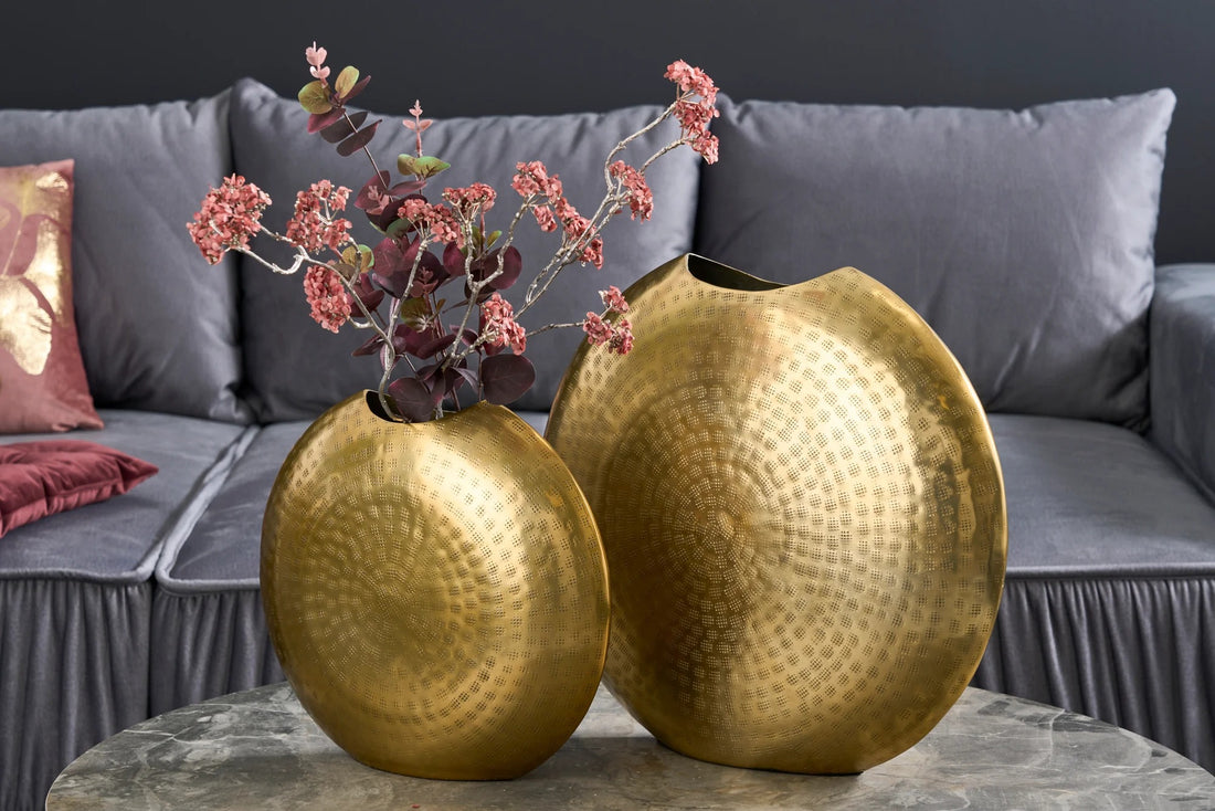 Set Of Two Vases Oriental 30cm/40cm Metal Gold