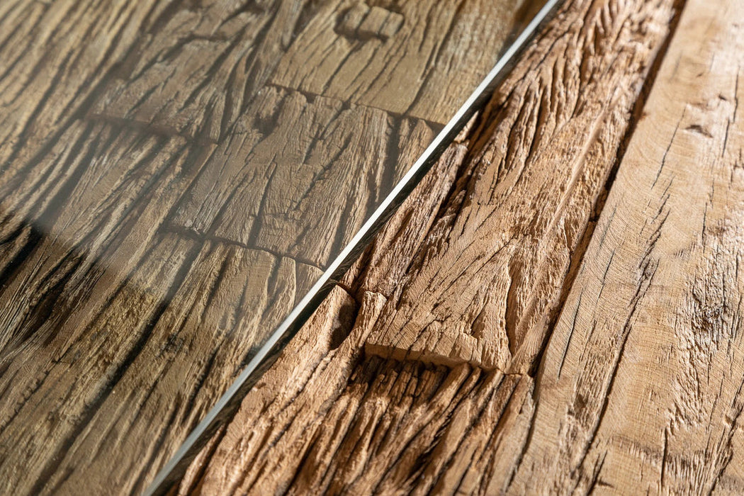 Dining Table Barracuda 220cm Recycled Teak Wood Brown X-Frame With Glass Top