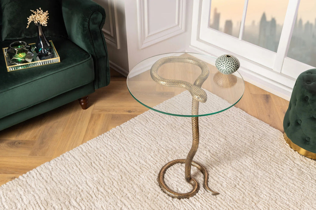 Round Side Table Wildlife Snake 62cm Glass Metal Copper