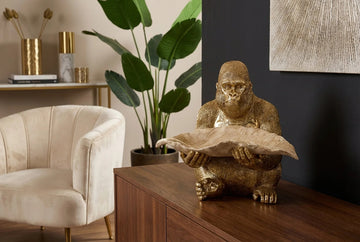 Decoration Figurine Gorilla 38cm Polyresin Gold With Tray