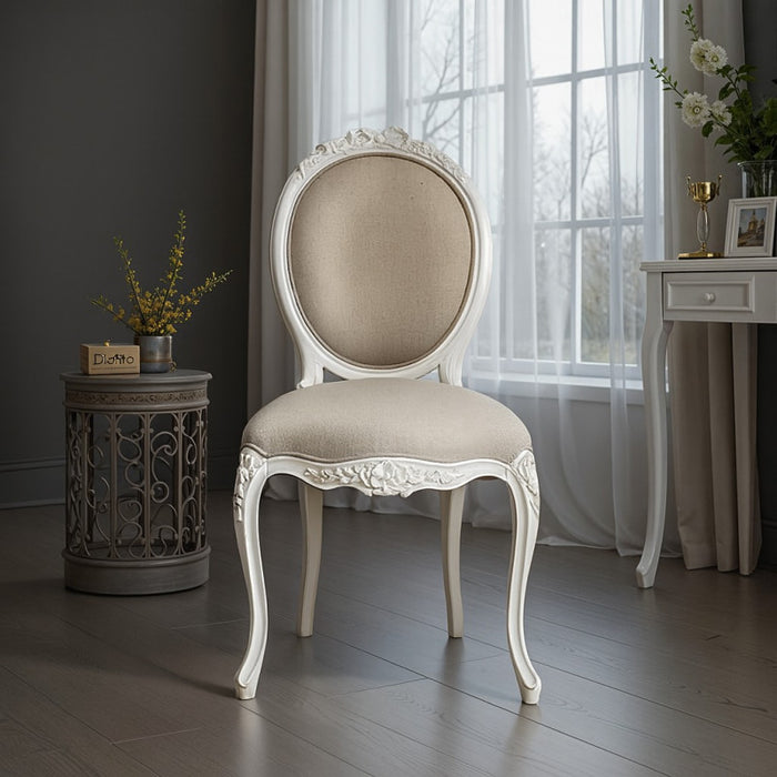 Provencale Antique White French Linen Ribbon Dining Chair