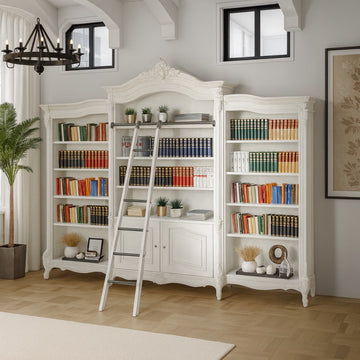 Provencale Antique White French Triple Bookcase With Ladder