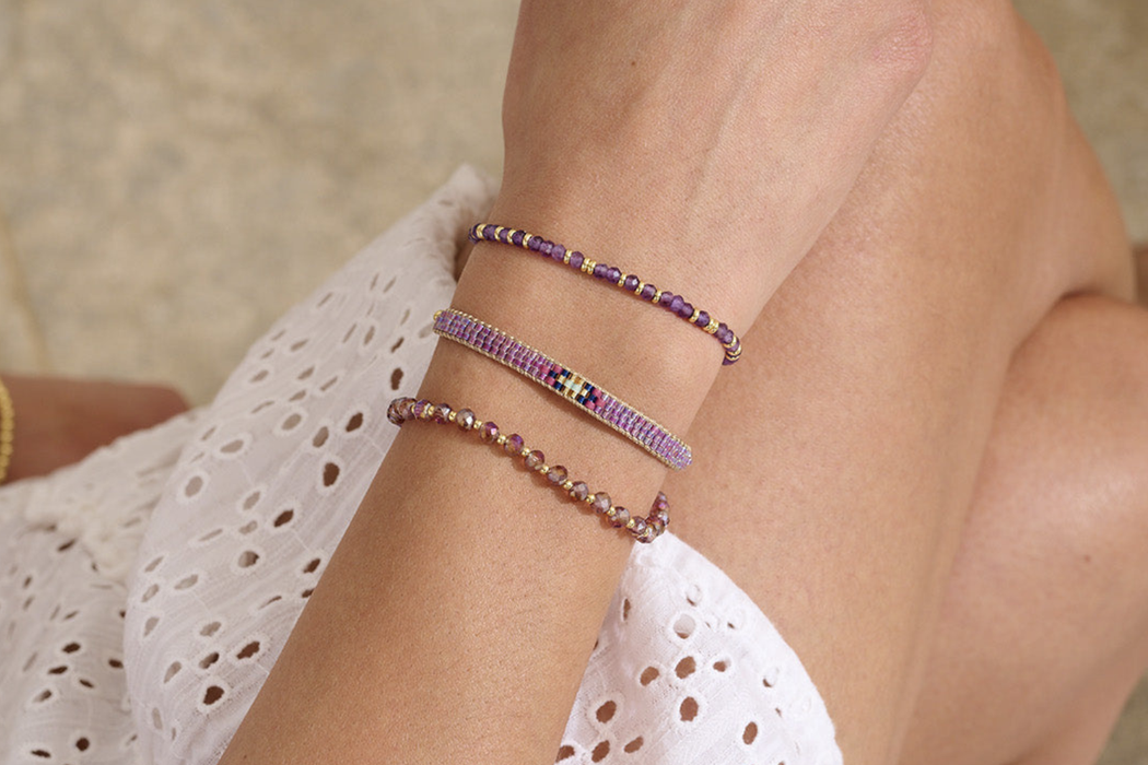 Prunus Gold & Pink PVD Crystal Bead Stretch Bracelet