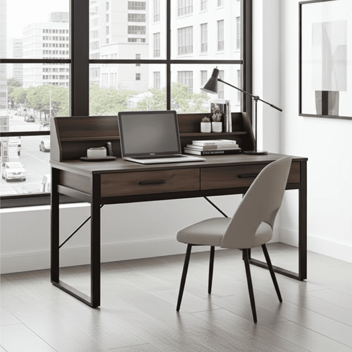 Dark Walnut Effect Writing Study Desk with Drawers and Hutch