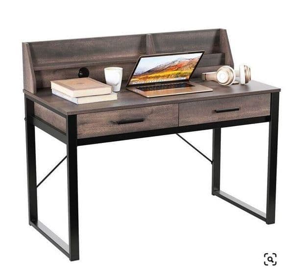 Dark Walnut Effect Writing Study Desk with Drawers and Hutch