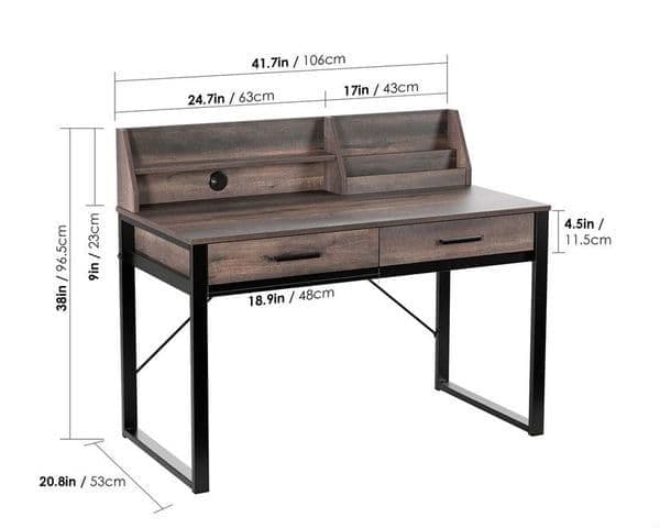 Dark Walnut Effect Writing Study Desk with Drawers and Hutch