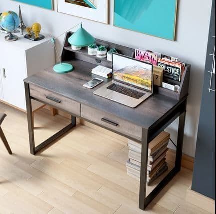 Dark Walnut Effect Writing Study Desk with Drawers and Hutch