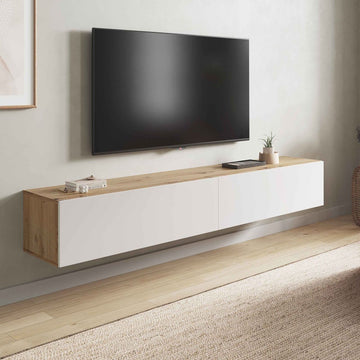 Amos Mann Nordic Oak Effect And White Wall Mounted Floating Wide Large TV Unit