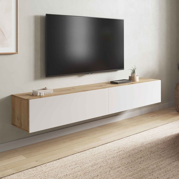 Nordic Oak Effect & White Wall Mounted Floating Wide Large TV Unit