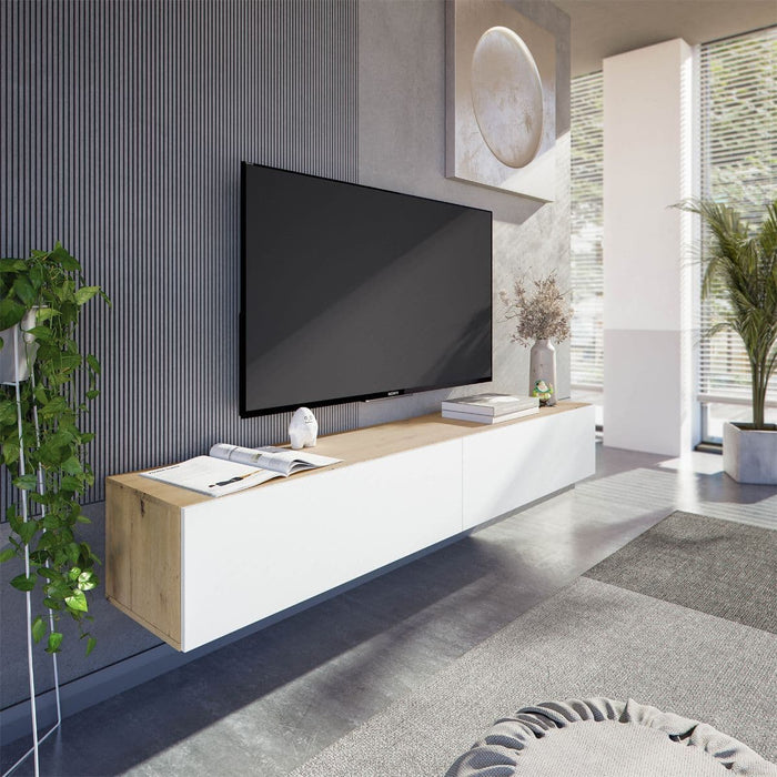 Nordic Oak Effect & White Wall Mounted Floating Wide Large TV Unit