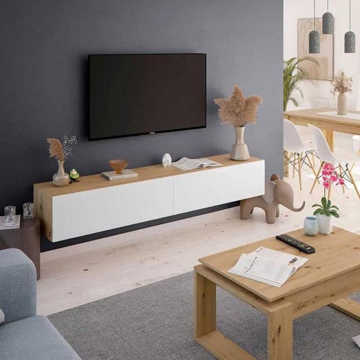 Nordic Oak Effect & White Wall Mounted Floating Wide Large TV Unit