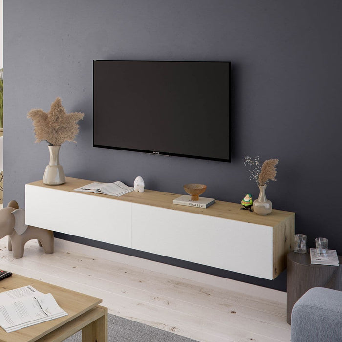 Nordic Oak Effect & White Wall Mounted Floating Wide Large TV Unit