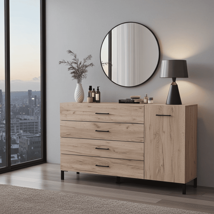 Oak Effect 1-Door 4-Drawer Sideboard Storage Unit